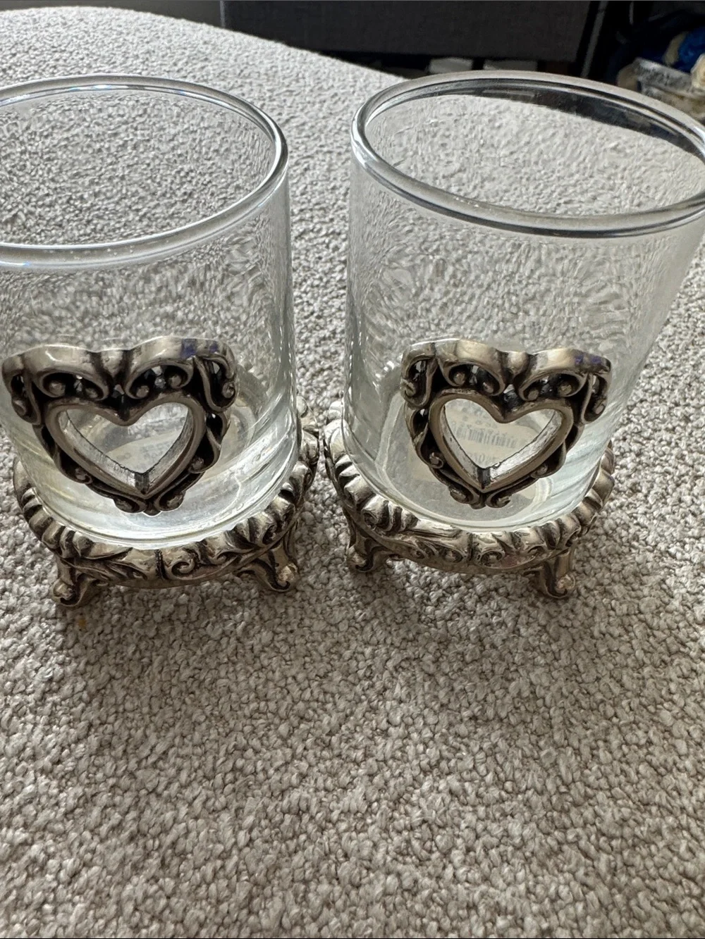 Vintage Brighton Clear Glass Candle Holders with Silver Heart Accents